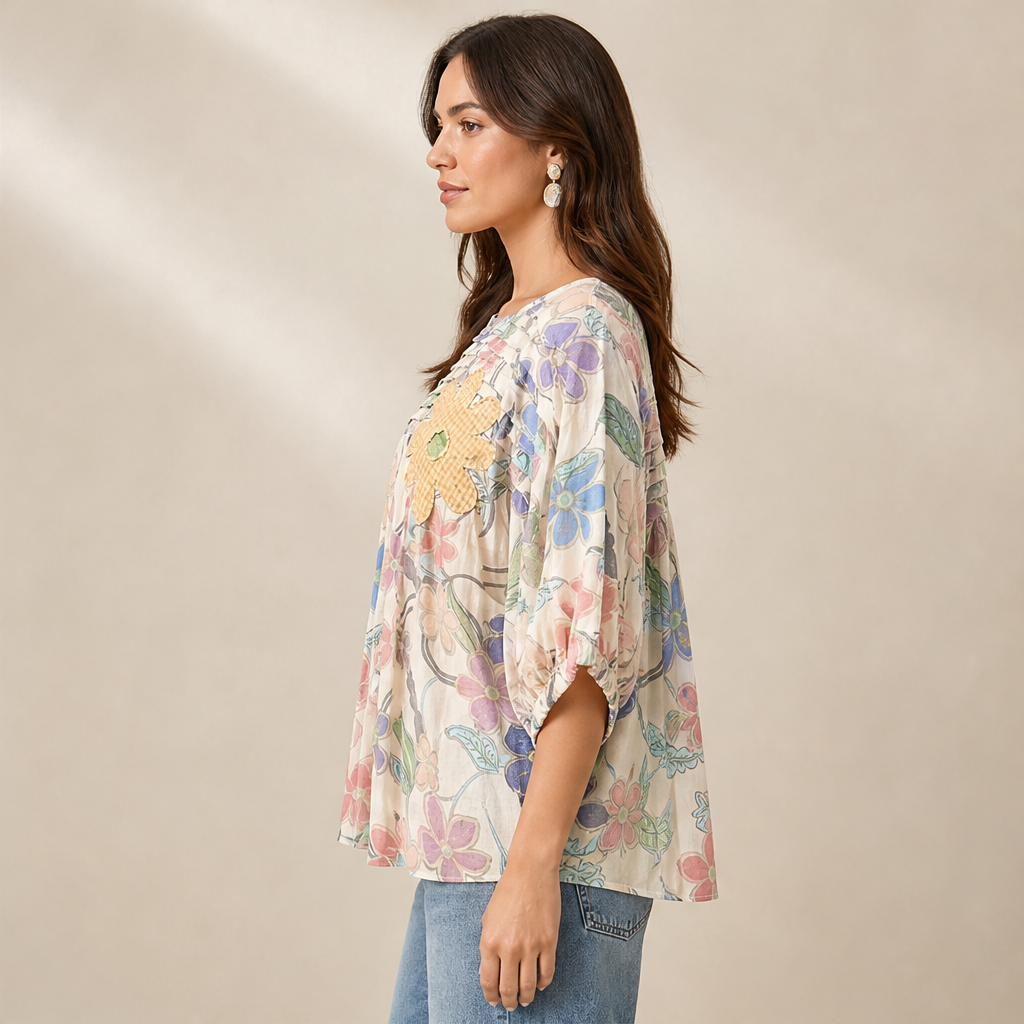Ivory Floral Print Blouse | Pleated Applique Puff Sleeve Top - Loose Fit Cotton Blend lifestyle