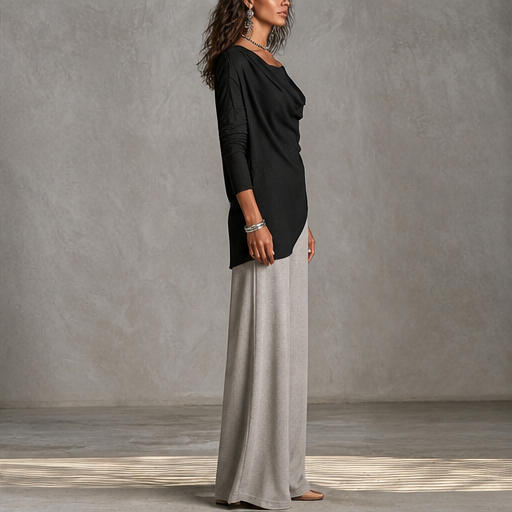 Black Cowl Neck Two Piece Set | Off Shoulder Top & Wide Leg Trousers - Women's Matching Outfit lifestyle