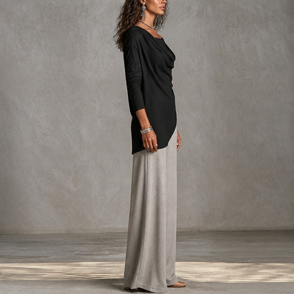 Black Cowl Neck Two Piece Set | Off Shoulder Top & Wide Leg Trousers - Women's Matching Outfit lifestyle