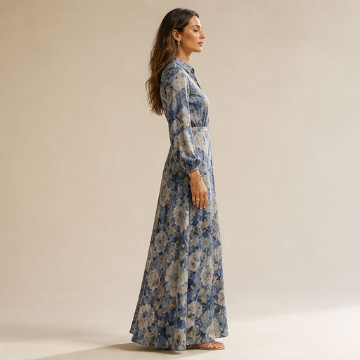 Blue Floral Maxi Dress | Vintage Oil Painting Print Shirt Dress - Long Sleeve Straight Cut with Side Pockets lifestyle