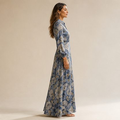 Blue Floral Maxi Dress | Vintage Oil Painting Print Shirt Dress - Long Sleeve Straight Cut with Side Pockets lifestyle