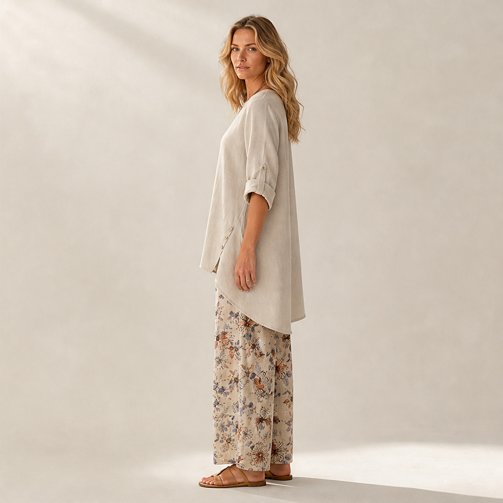 Black Two-Piece Trouser Set | Cotton Linen Asymmetric Hem Top with Floral Wide-Leg Pants lifestyle