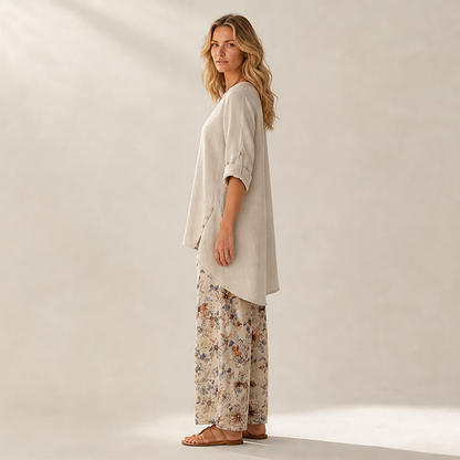 Black Two-Piece Trouser Set | Cotton Linen Asymmetric Hem Top with Floral Wide-Leg Pants lifestyle