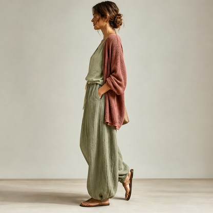 Green Three-Piece Harem Trouser Set | Tank Top, Cardigan & Wide-Leg Pants - Women's Knit Loungewear lifestyle