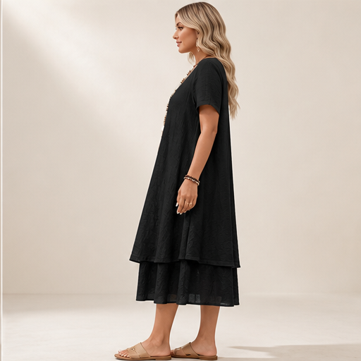 Black Loose Fit Midi Dress | Cotton Linen Tiered Hem Dress for Women - Round Neck A-Line lifestyle