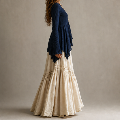 Navy Two Piece Maxi Skirt Set | Boho Asymmetric Top & Tiered Skirt - Long Sleeve Outfit lifestyle