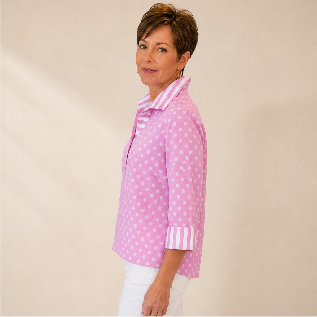 Pink Polka Dot Blouse | Contrast Stripe Popover Top for Women - 3/4 Sleeve Cotton Shirt lifestyle