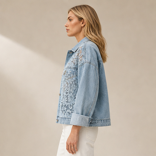 Light Wash Floral Lace Denim Jacket | Loose Fit Patchwork Trucker - Women's Cotton Blend Outerwear lifestyle