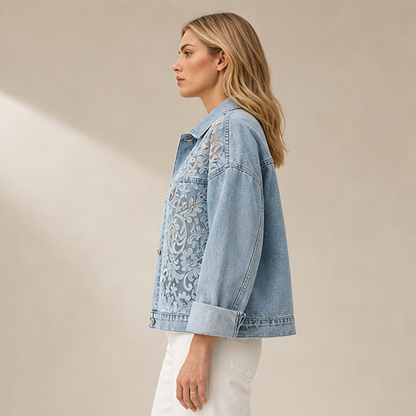 Light Wash Floral Lace Denim Jacket | Loose Fit Patchwork Trucker - Women's Cotton Blend Outerwear lifestyle