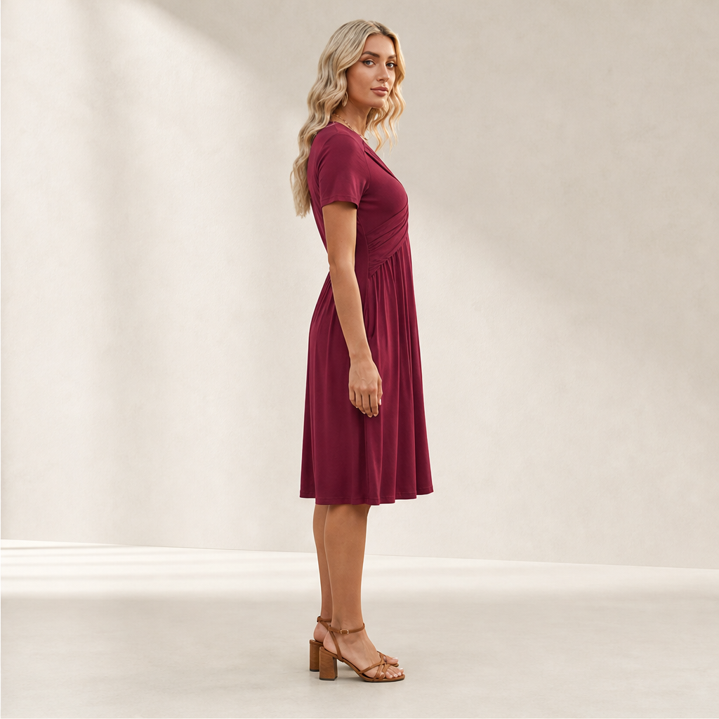 Verona Women's Cross-Front V-Neck Pleated A-Line Dress with Pockets - Short Sleeve Midi Dress lifestyle