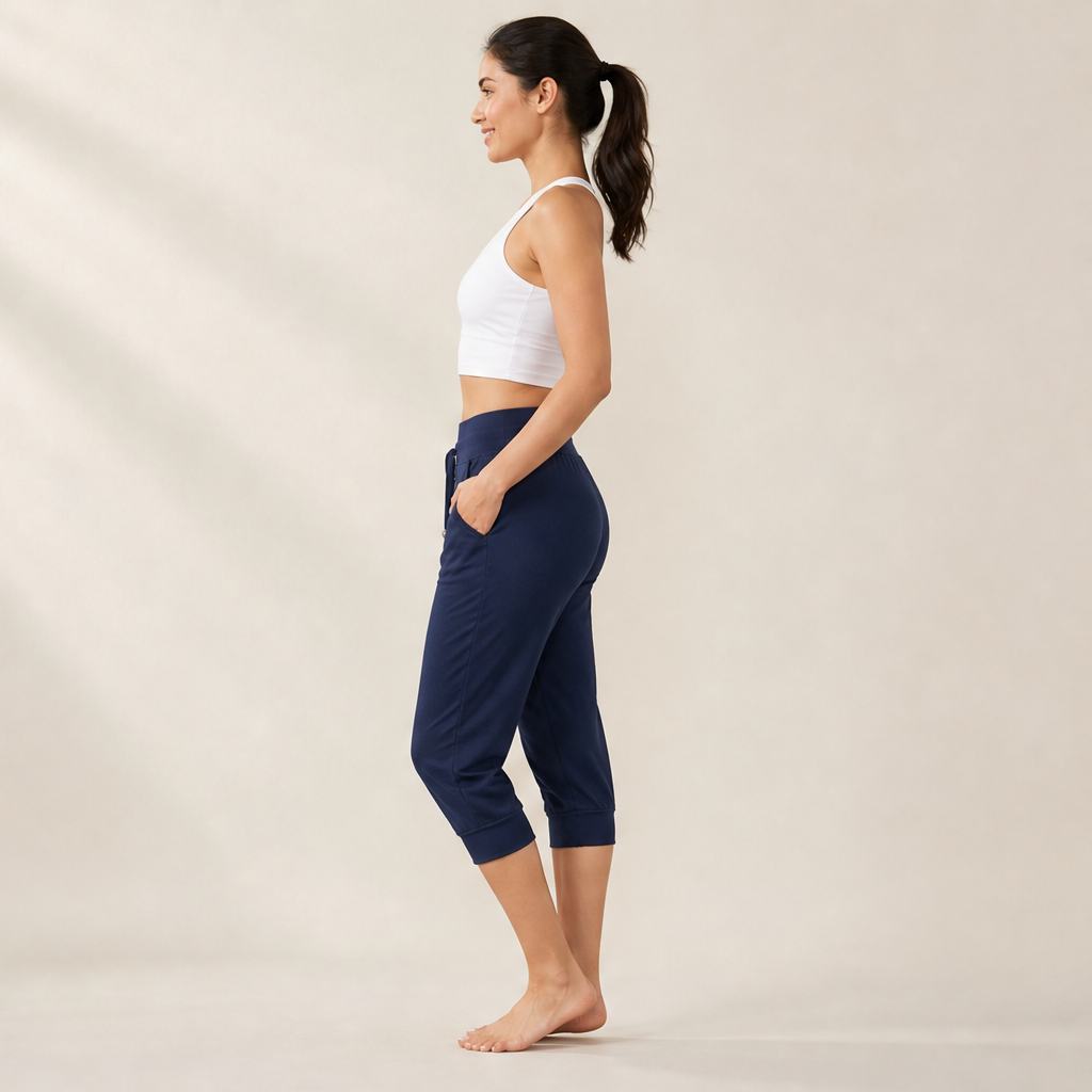Navy Cropped Jogging Pants | Capri-Length Joggers with Pockets - Elastic Cuffs & Drawstring Waist lifestyle