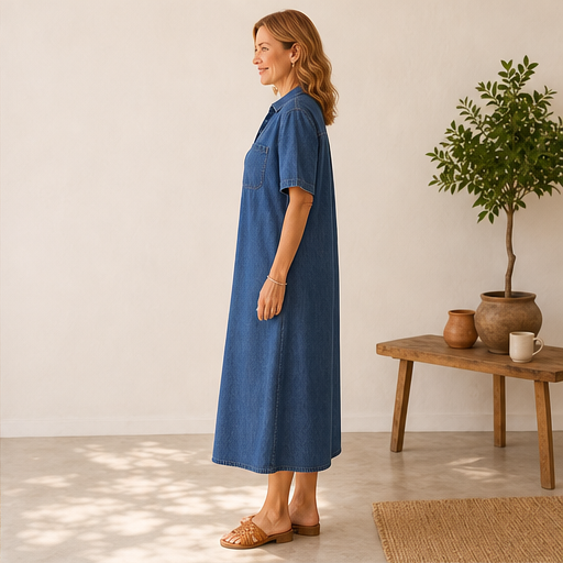 Denim Blue Shirt Dress | Casual Midi Dress for Women - Relaxed Fit with Pockets lifestyle