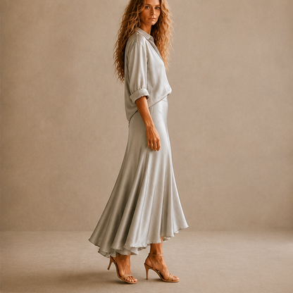 Grey Satin Shirt & Midi Skirt Set | Two Piece Button Down Top with High Waist Flared Skirt lifestyle