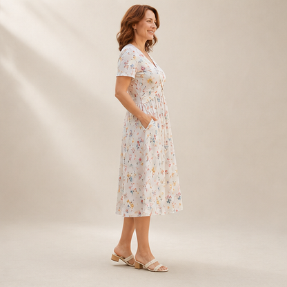 Floral Print Midi Dress | V-Neck Wrap Front with Pockets - Flattering Waist Tie Sundress lifestyle