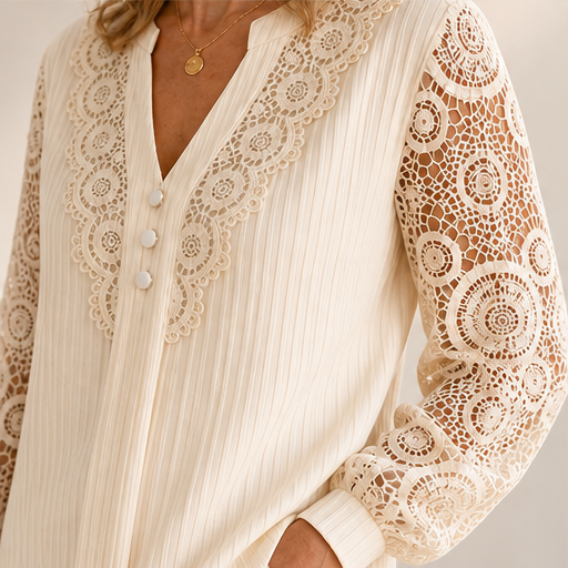 Ivory Lace Patchwork Top | Crochet V-Neck Long Sleeve Blouse - Pearl Button Detail lifestyle