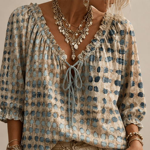 Beige Print Polka Dot Blouse | Lace-Up V-Neck Top - 3/4 Sleeve Boho Style lifestyle