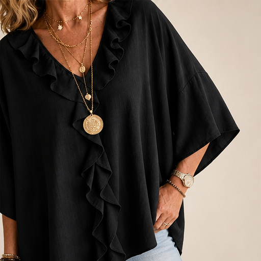 Black Ruffle V-Neck Blouse | Relaxed Fit Top for Women - Textured Three-Quarter Sleeve lifestyle