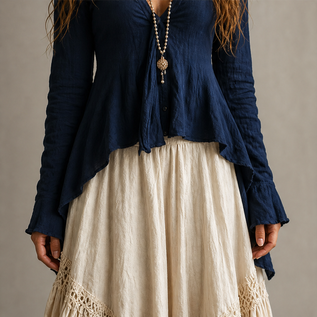 Navy Two Piece Maxi Skirt Set | Boho Asymmetric Top & Tiered Skirt - Long Sleeve Outfit lifestyle