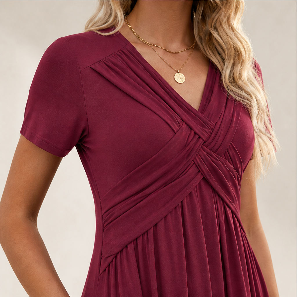 Verona Women's Cross-Front V-Neck Pleated A-Line Dress with Pockets - Short Sleeve Midi Dress lifestyle