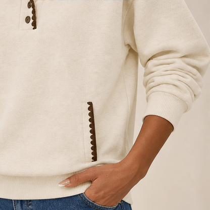 Cream Hooded Tunic Sweatshirt | Oversized Scalloped Trim Hoodie - Half-Button V-Neck with Side Pockets lifestyle