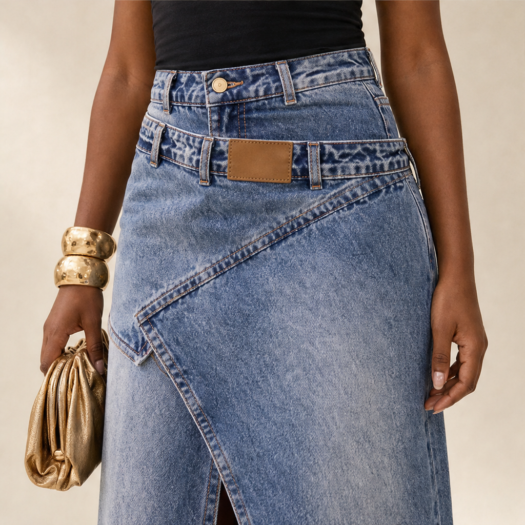 Blue Denim Maxi Skirt | Asymmetric Wrap with Double Waistband - High Slit Front lifestyle