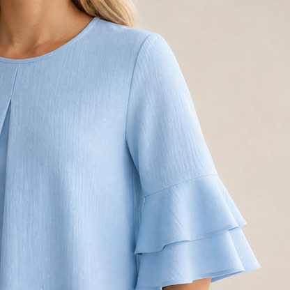 Light Blue Ruffle Sleeve Blouse | Tiered Bell Sleeve Top for Women - Round Neck with Front Pleat lifestyle