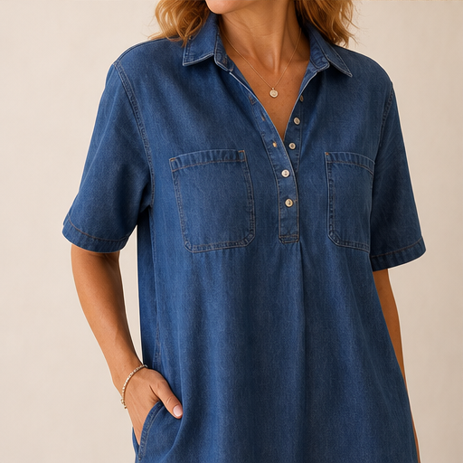 Denim Blue Shirt Dress | Casual Midi Dress for Women - Relaxed Fit with Pockets lifestyle