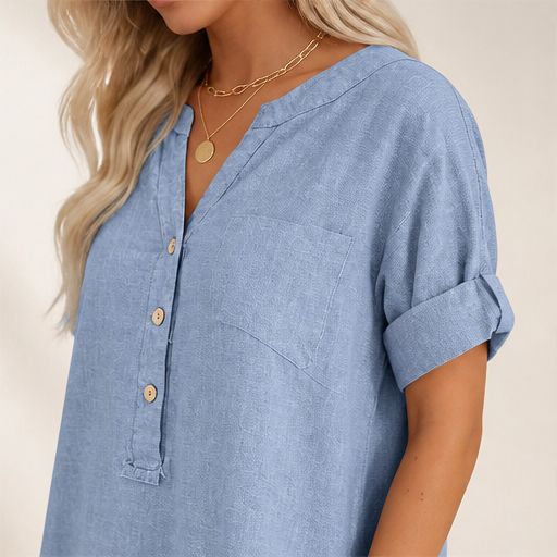 Blue V-Neck A-Line Dress | Cotton-Linen Midi with Pockets - Button Placket, Roll-Sleeve lifestyle