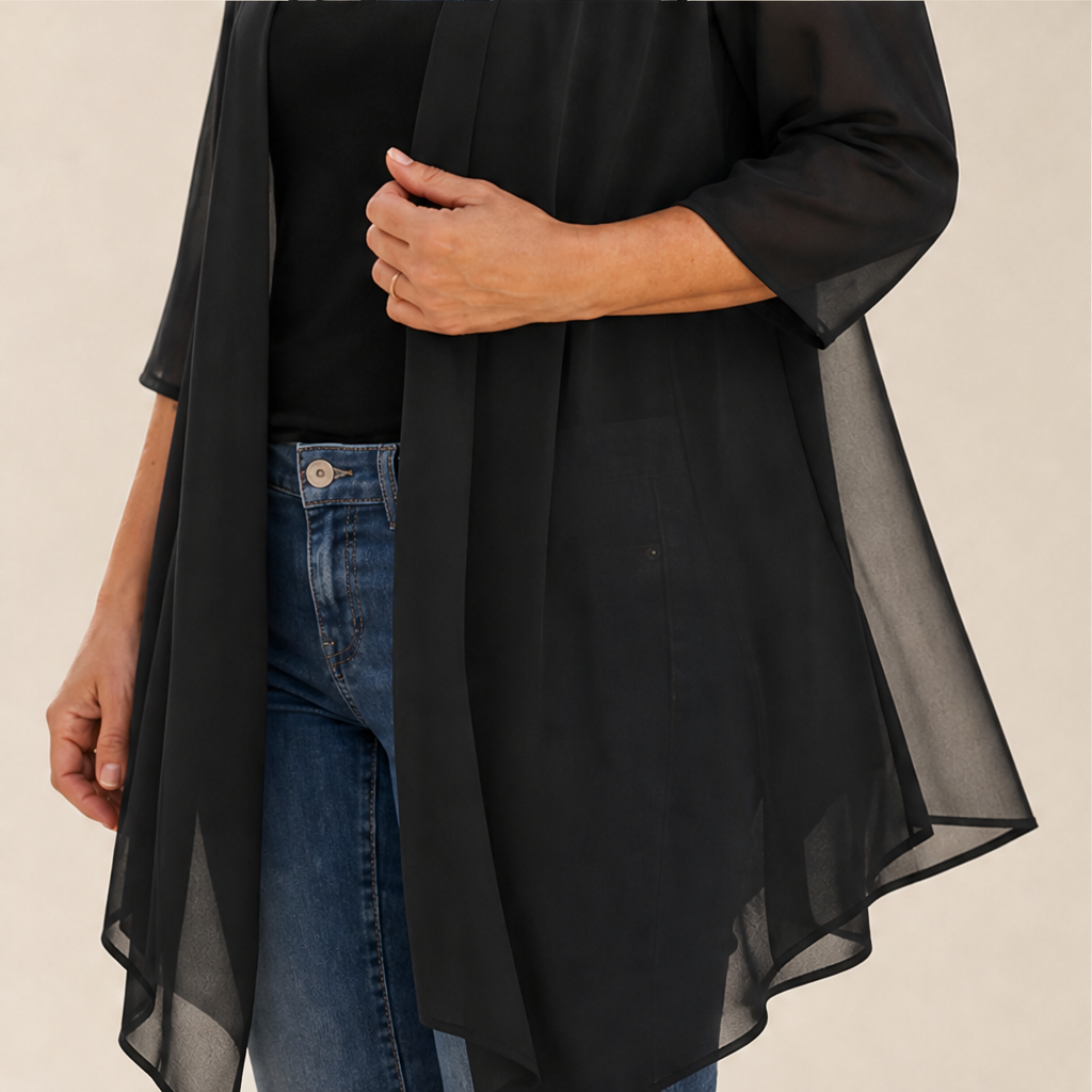Black Chiffon Cardigan | Lightweight Open Front Cover-Up - Waterfall Drape for Women lifestyle