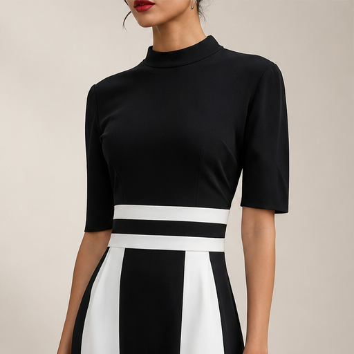 Black White Striped Maxi Dress | Mock Neck Formal Gown - Short Sleeve Colour Block Evening Dress lifestyle
