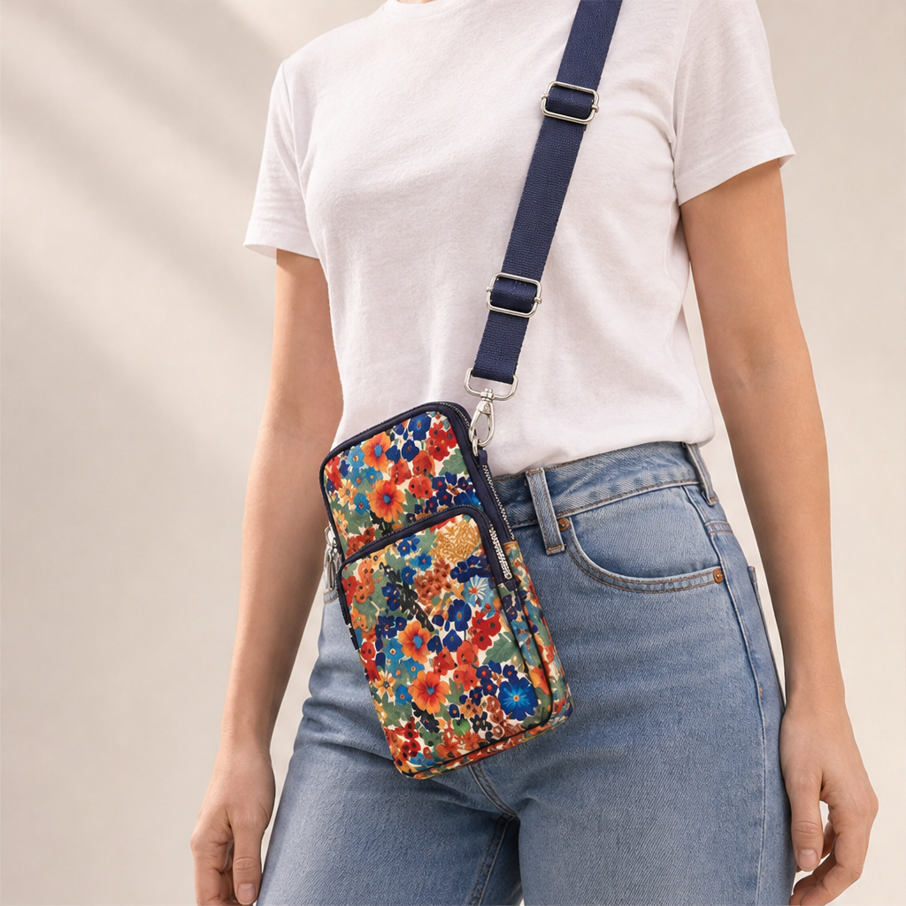 Floral Mini Crossbody Bag | Phone Bag with Armband Strap - 3 Zip Compartments lifestyle