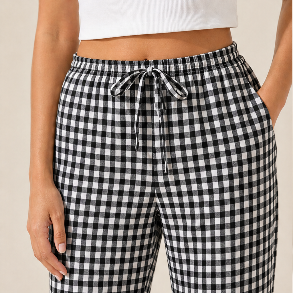 Gingley Women's Cotton-Linen Gingham Capri Pants with Pockets - Drawstring Elastic Waist Summer Trousers lifestyle