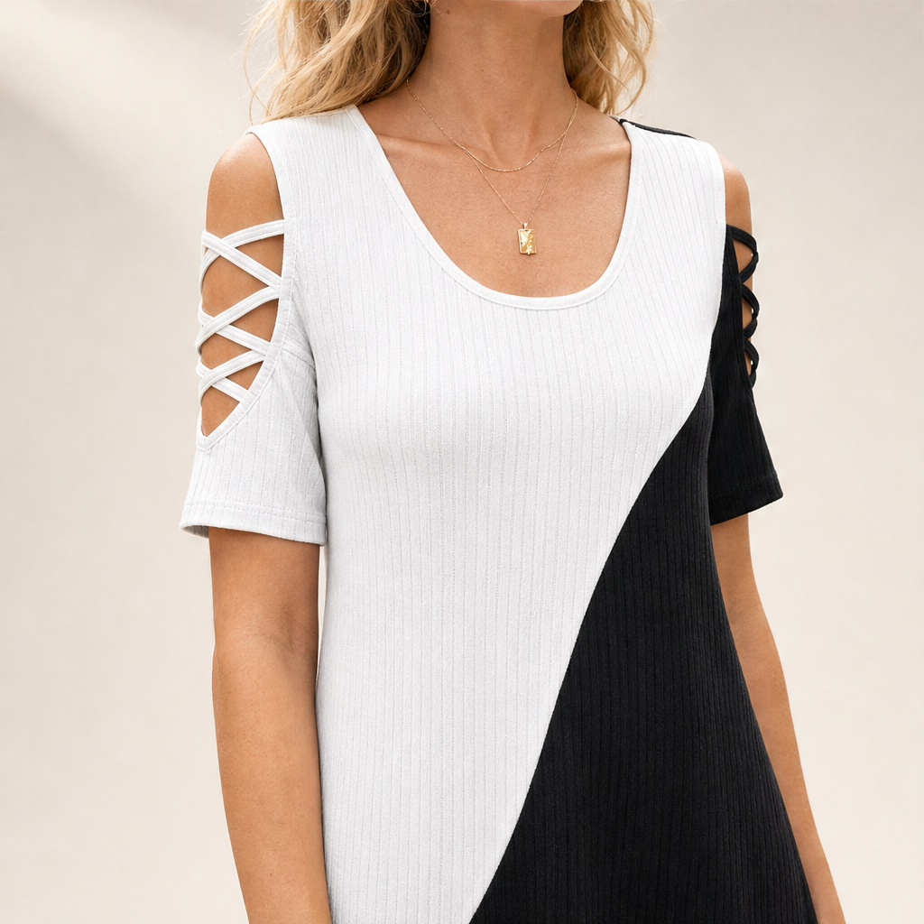 Black Colour Block Midi Dress | Round Neck Ribbed Knit with Cold Shoulder - Sheer Mesh Hem lifestyle