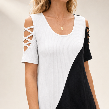 Black Colour Block Midi Dress | Round Neck Ribbed Knit with Cold Shoulder - Sheer Mesh Hem lifestyle