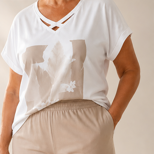 Beige Cropped Trouser & Top Set | Casual Two-Piece Outfit for Women - V-Neck Tee with Wide-Leg Culottes lifestyle