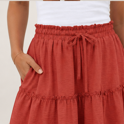 Rust Tiered Skort | Flowy Ruffle Mini Skirt with Built-In Shorts - Pockets & Drawstring Waist lifestyle