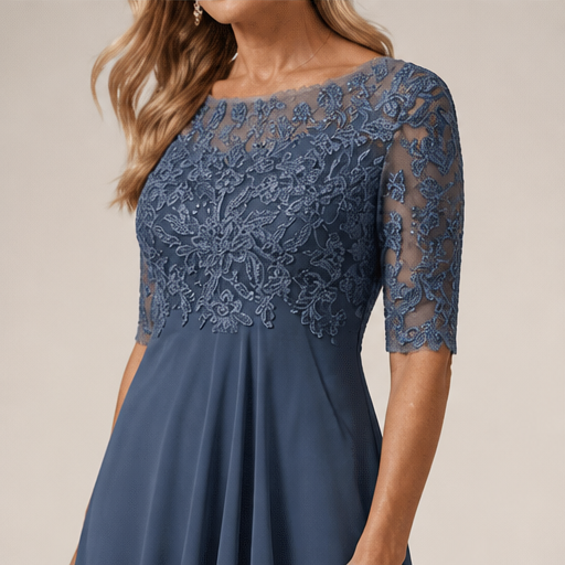 Slate Blue Embroidered Midi Dress | Scoop Neck Occasion Dress - Lace Bodice with Flowy Chiffon Skirt lifestyle