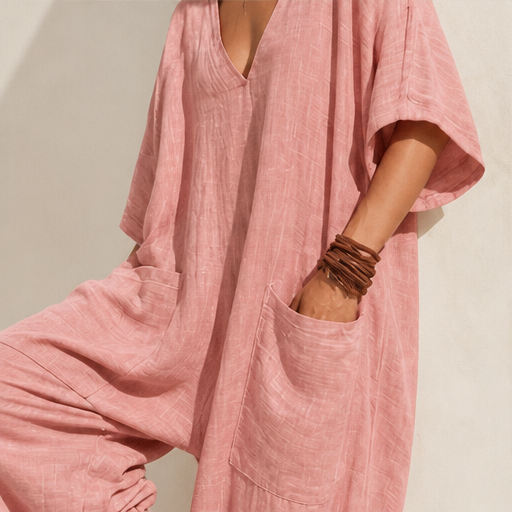 Rose V-Neck Jumpsuit | Relaxed Linen-Blend Playsuit for Women - Wide Leg with Pockets lifestyle