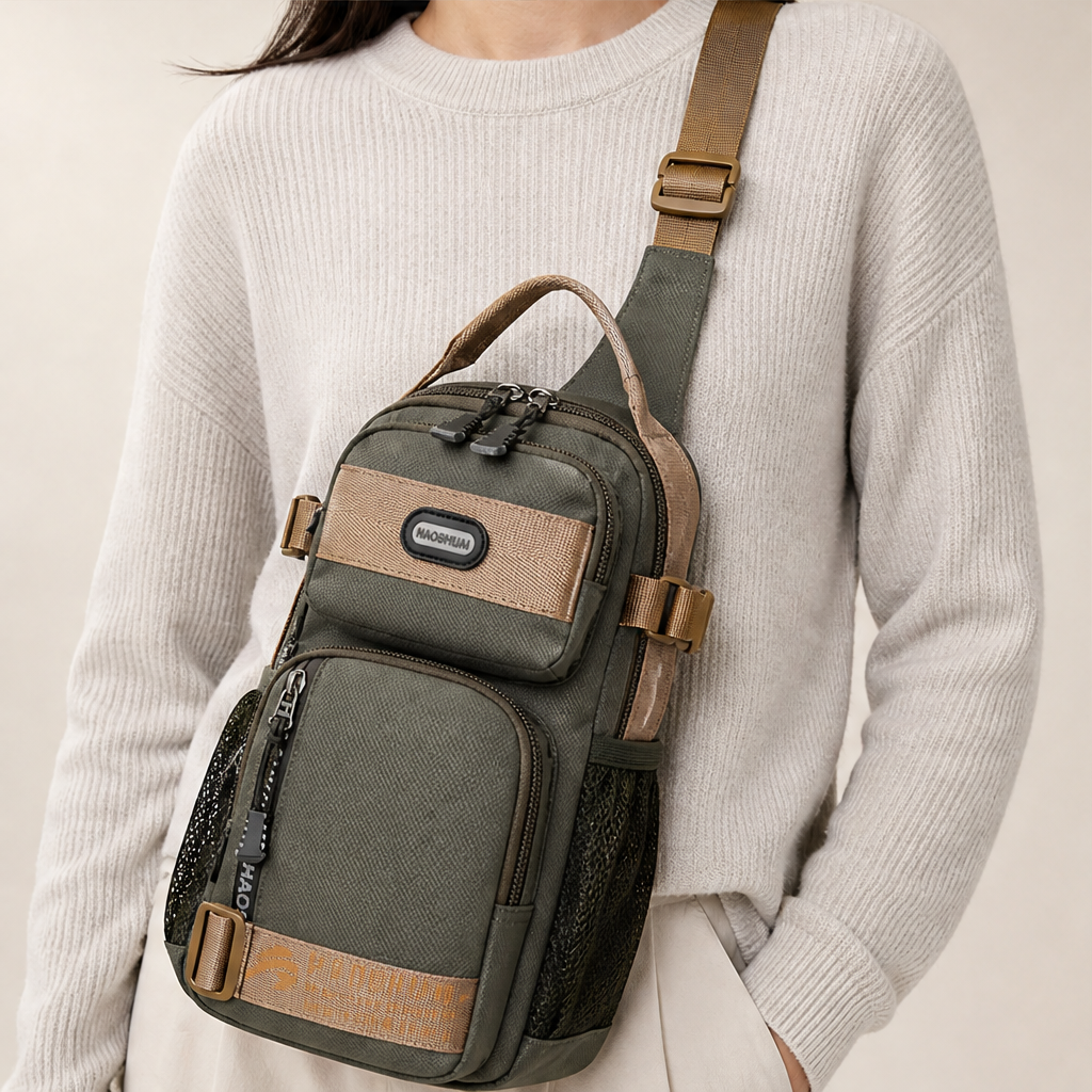 Olive Green Crossbody Sling Bag | Multifunctional Chest Bag with Adjustable Strap - Oxford Fabric lifestyle
