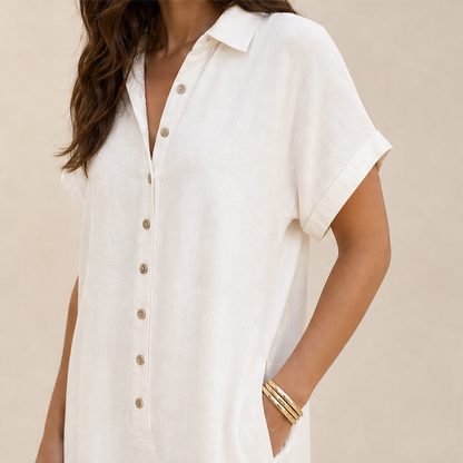Marielle Women's Casual Wide-Leg Button-Front Linen-Look Jumpsuit - Short Sleeve Collared Loose Fit Jumpsuit lifestyle