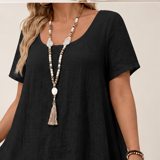 Black Loose Fit Midi Dress | Cotton Linen Tiered Hem Dress for Women - Round Neck A-Line lifestyle