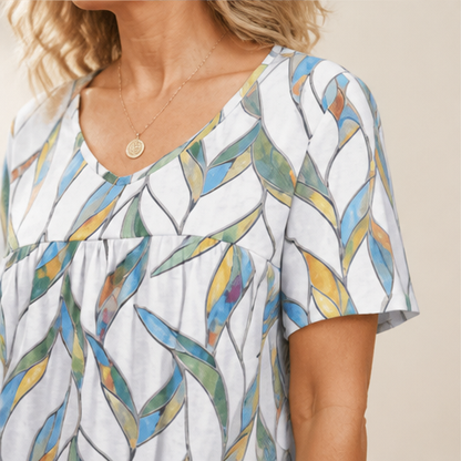 White Printed V-Neck T-Shirt | Pleated Short Sleeve Top for Women - Loose Fit Tunic Blouse lifestyle