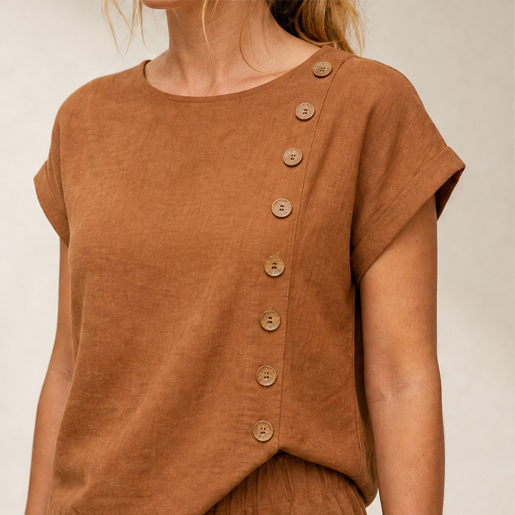 Rust Asymmetric Hem Top & Trouser Set | Women's Two-Piece Wide-Leg Outfit - Button Detail lifestyle