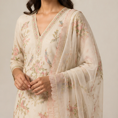 Ivory Banarasi Salwar Suit | Unstitched Silk Three-Piece Set - Hand-Embroidered Zari Floral Suit for Women lifestyle
