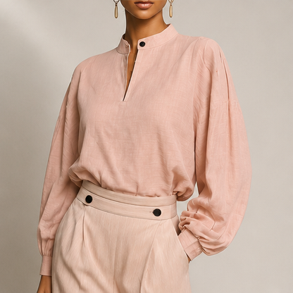 Pink Stand Collar Shirt & Midi Skirt Set | Two-Piece Suit - High-Waisted Skirt with Front Slit lifestyle