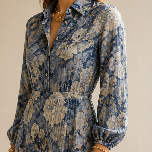 Blue Floral Maxi Dress | Vintage Oil Painting Print Shirt Dress - Long Sleeve Straight Cut with Side Pockets lifestyle