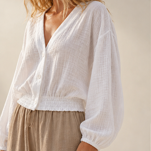 White Sheer Sun Protection Shirt | Lightweight V-Neck Cover-Up - Lantern Sleeve Cropped Jacket lifestyle