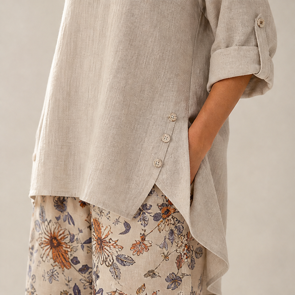 Black Two-Piece Trouser Set | Cotton Linen Asymmetric Hem Top with Floral Wide-Leg Pants lifestyle