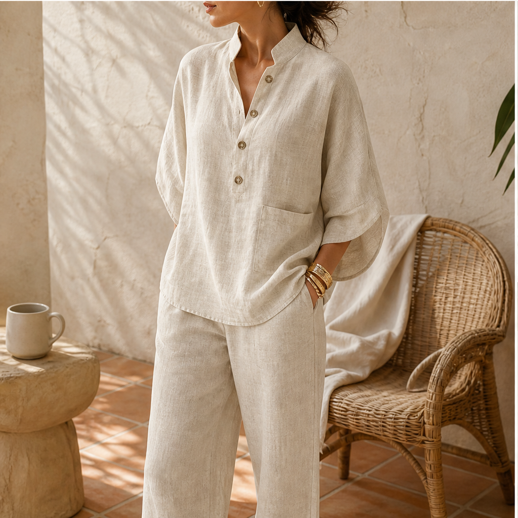 Marisol Women's Batwing Sleeve Linen Cotton Two-Piece Set - Casual Button Shirt & Wide Leg Trousers Outfit features