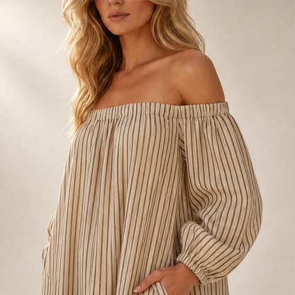 Beige Stripe Off Shoulder Maxi Dress | Lantern Sleeve Boho Dress - Relaxed Fit with Side Pockets lifestyle